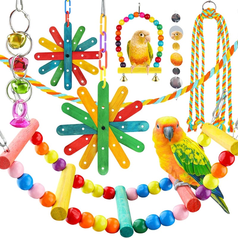 QUOZUO 8 pcs Bird Toys for Parakeets with Colorful Ladder Hammock Bird Cage Accessories Bird Perch Stand Chewing Toys Hanging Bell Parrot - Image 1